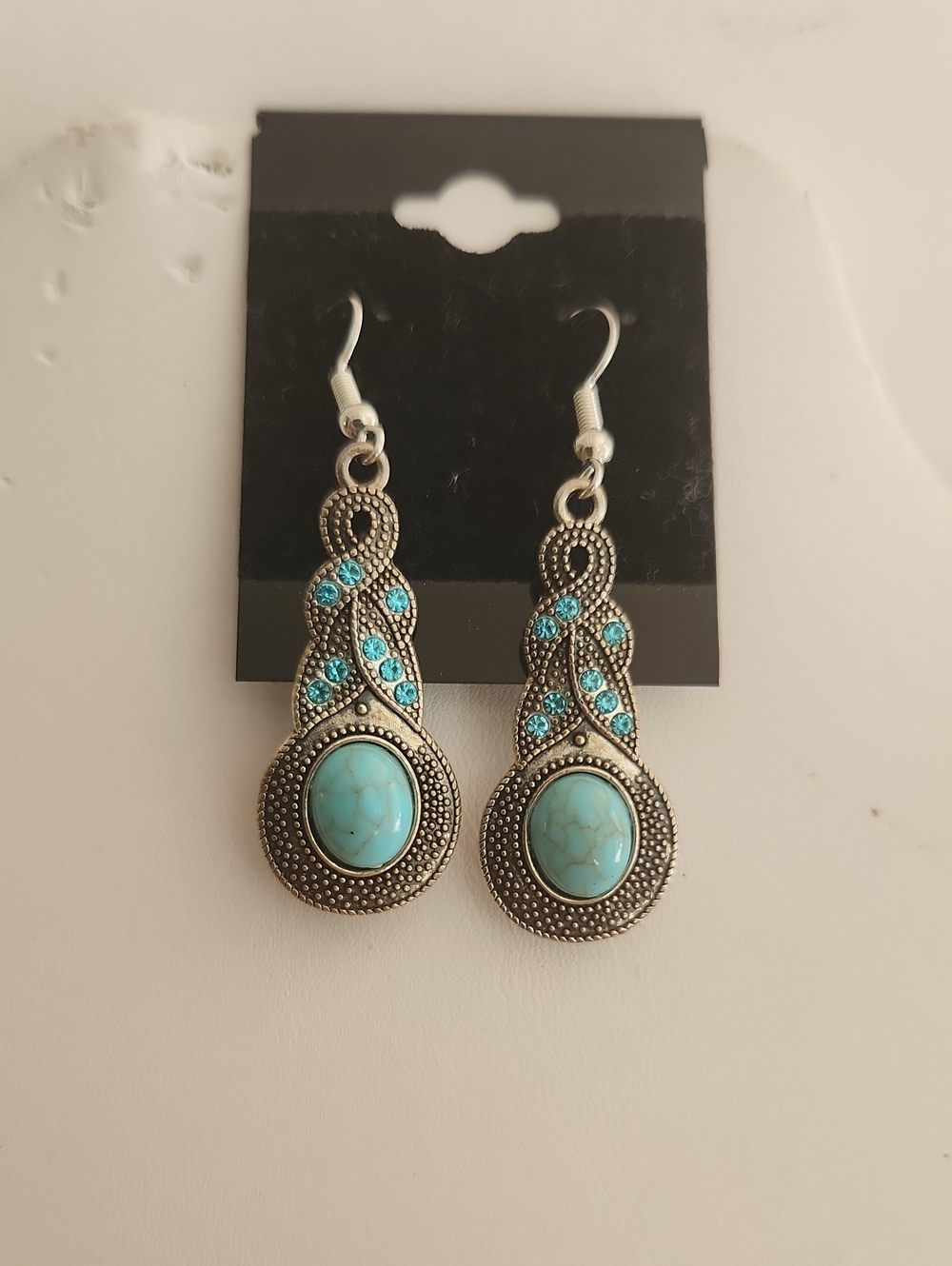 Turquoise Stone Drop Earrings - Silver Tone